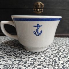 vintage U.S. Navy wardroom officer's Homer Laughlin china coffee cup with a fouled anchor emblem 1959s 60s