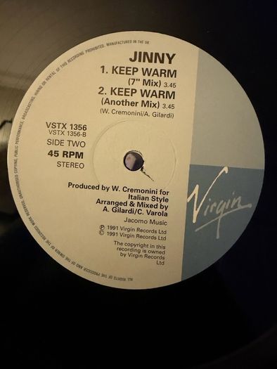 Jinny Keep Warm Remix 1991 UK 12inch Vinyl Italian Style Remix