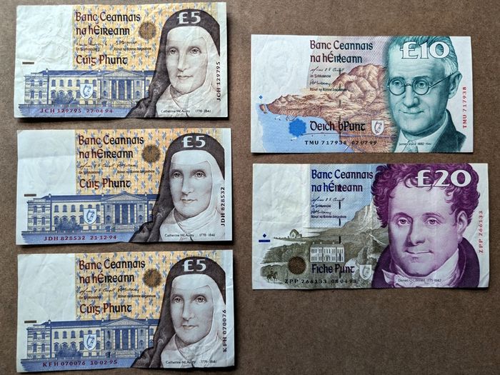 IRELAND - Set of 5 Banknotes: 5 10 20 Pounds Punt 1994-1999 P 75 76 77 (VF-AU)