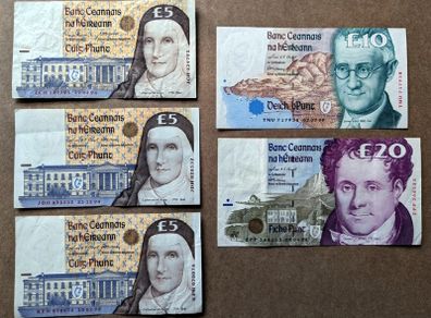IRELAND - Set of 5 Banknotes: 5 10 20 Pounds Punt 1994-1999 P 75 76 77 (VF-AU)