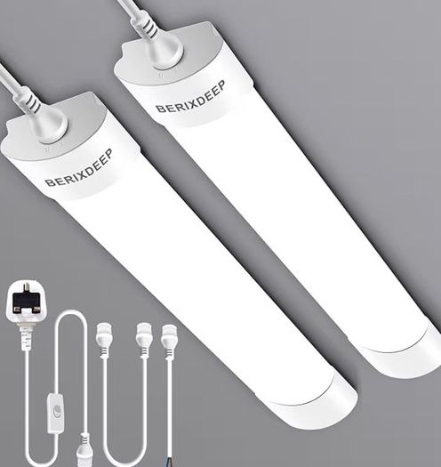 Lights 2 Pack, Waterproof Plug in Strip Lights with Switch, IP65 Plug in Ceiling Light for Garage, Shed, Under Counter, Wardrobe, 6500K Daylight, 2FT, 60cm, 18W