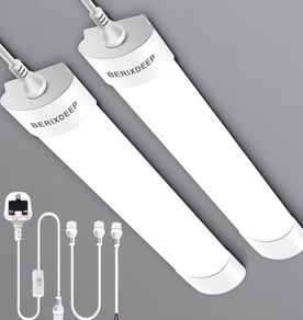 Lights 2 Pack, Waterproof Plug in Strip Lights with Switch, IP65 Plug in Ceiling Light for Garage, Shed, Under Counter, Wardrobe, 6500K Daylight, 2FT, 60cm, 18W