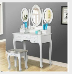Elegant White Dressing Table 3 Oval Mirror with 7 Drawers