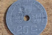 Belgium 1945, 25 Centimes Coin - free standard postage
