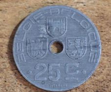 Belgium 1945, 25 Centimes Coin - free standard postage