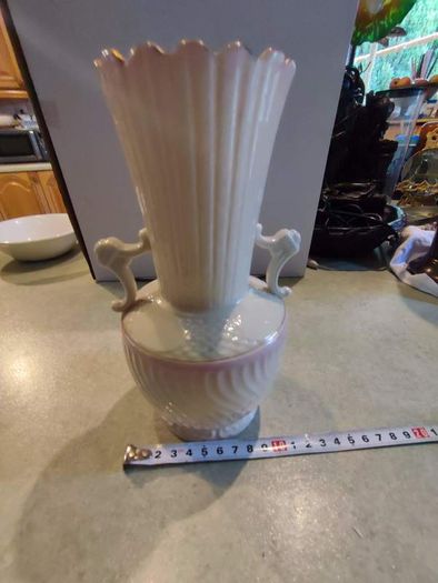 Antique Belleek China Vases With 2 Handles And Long Nick With Hint Of Pink