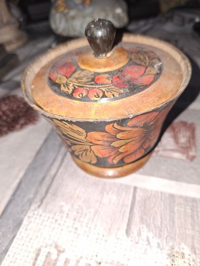 Vintage Russian Khokhloma Lidded Wooden Jar Hand Painted Lacquer Folk Art Trinket Box,