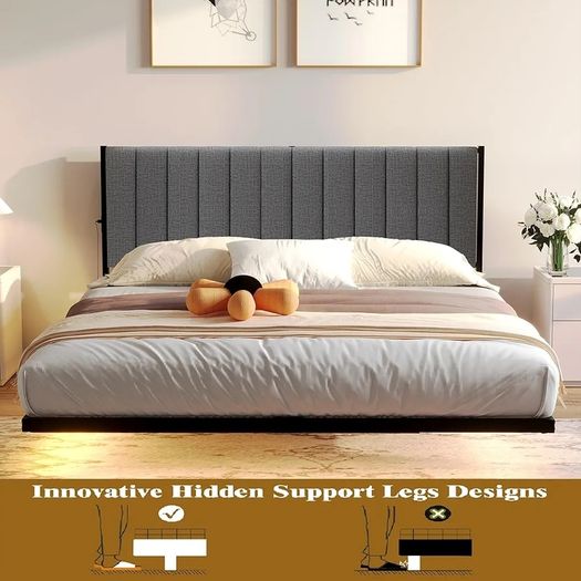 Double Bed Frame with Upholstered Headboard, 4ft6 Floating Upholstered Bed Frame Doule Bed with Charging Station and LED Light, Metal Slats Support, Gray Double Bed