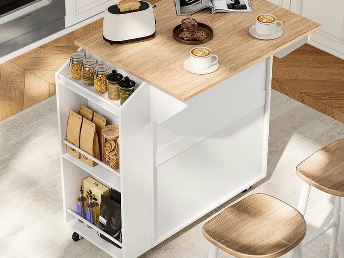 Kitchen Island with Folding Countertop, Kitchen Storage on Wheels White and Natural, Kitchen Island on Wheels, Storage Cabinet with Adjustable Shelf and Towel Rack for Kitchen and Dining Room