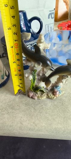 Resin Dolphin Mother and Pup Coral Reef Figurine Realistic Shelf Sitter Decor