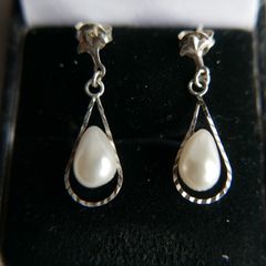 Vintage Sterling Silver 925 Pearl  Drop Earrings