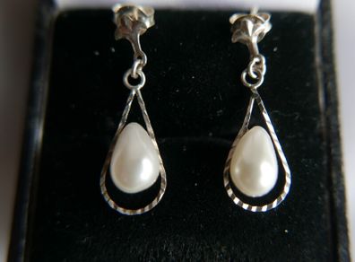 Vintage Sterling Silver 925 Pearl  Drop Earrings