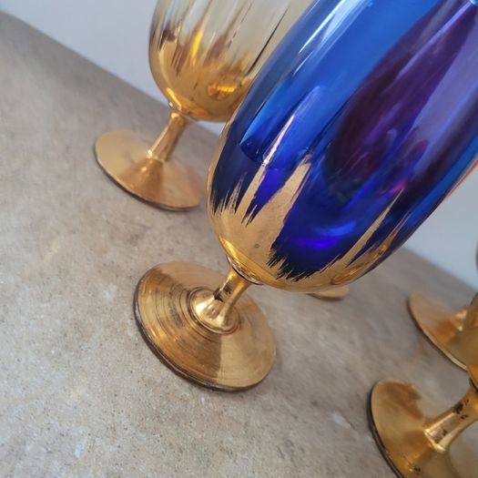 Mid-century harlequin set of gold flames glasses