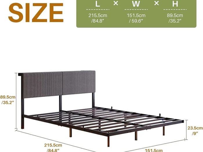 5ft King Bed Frame With USB Charging Station,Dark Grey Floating Bed Frame with Storage Headboard and LED Light,Upholstered Platform Bed Frame Double Size,Noise-Free Strong Slats