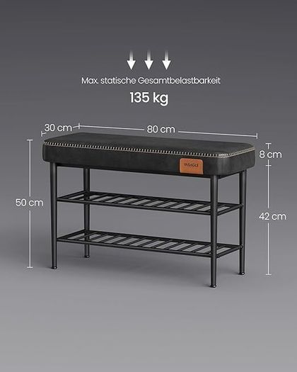 Shoe Bench, Seat, Entrance Area, Faux Leather, Seams, 60s Style, Modern, Maximum Load 135 kg, 30 x 80 x 50 cm,