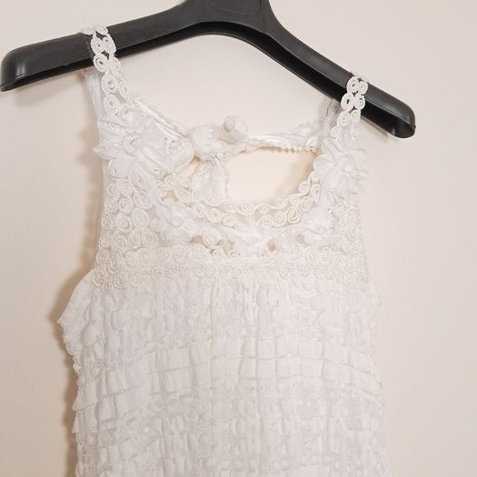 Yumi White Cream Tiered Lace Crochet Ruffle Sundress Mini Dress Size S