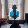 Antique Blue Glass Brass and cast iron metal large table oil lamp in very good condition and working Image 7