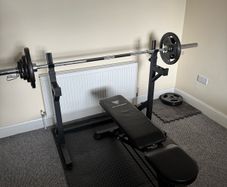 Bench press, squat rack, weights