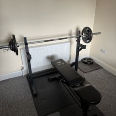 Bench press, squat rack, weights
