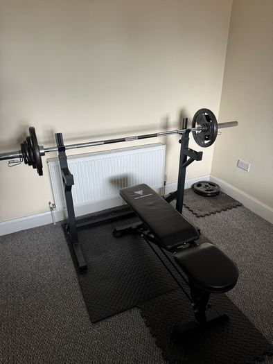 Bench press, squat rack, weights