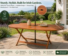Large Foldable Wooden Garden Table 160cm  FSC Acacia Wood Outdoor Dining Table with Parasol Hole