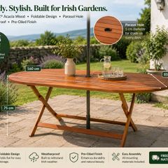 Large Foldable Wooden Garden Table 160cm  FSC Acacia Wood Outdoor Dining Table with Parasol Hole