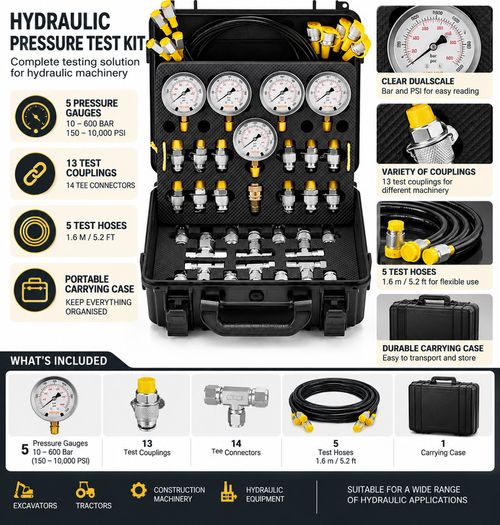 Hydraulic Pressure Test Kit 600 Bar Excavator Tractor Machinery 5 Gauges