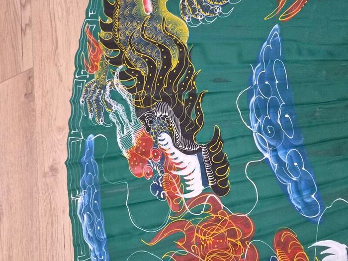 Large Hand Painted Chinese Dragon Wall Fan 89cm Folding 165cm Open Bamboo Vintage