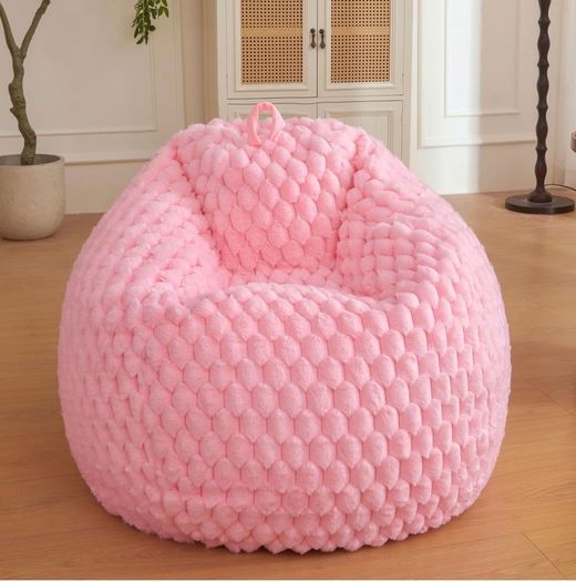 Luxury Bubble Fluffy Faux Rabbit Fur Bean Bag Cover(No Filler), Pink No-Shed, Non-Slip Bottom, Wrap-Around Zipper, Washable, Sweet Stuffed Animal Storage Beanbag Cover for Kids Teens Girls Adult