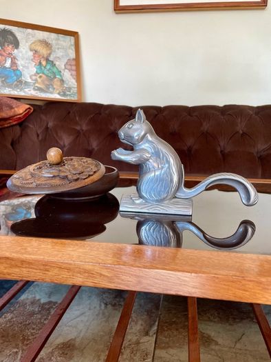 Vintage Aluminum Metal Squirrel on Log Nutcracker