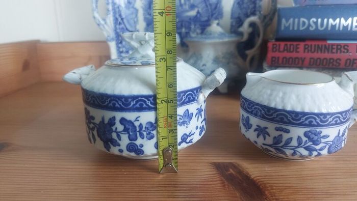 Exquisite Rare Beautifully Shaped and Patterned Blue & White Antique Milk Creamer and Matching Lidded Sugar Bowl by Edwin James Drew Bodley, in the Worchester Pattern Registered 1876, Circa 1875 - 1892