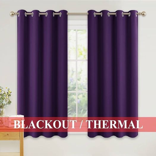 NEW SALE | Purple Curtains Blackout- Short Rings Top Thermal Curtains for Home Decor Light Blocked Aubergine Curtains Window Treatment for Bedroom, 2 Panels