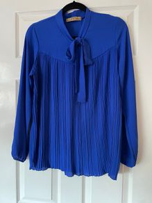 Pala DOro Pleated Royal Blue Blouse with Neck Tie.   Size L