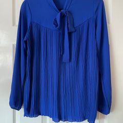Pala DOro Pleated Royal Blue Blouse with Neck Tie.   Size L