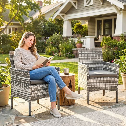 Set of 2 Rattan Garden Chairs with Cushions