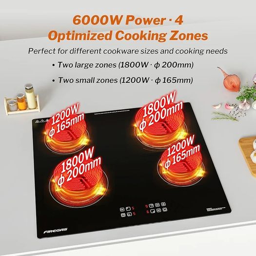 4 Burner Electric Ceramic Hob, 6000W Built-in Electric Hob, 9 Power Levels, Timer, Child Lock, Pause Function, Residual Heat Indicator, Hardwired