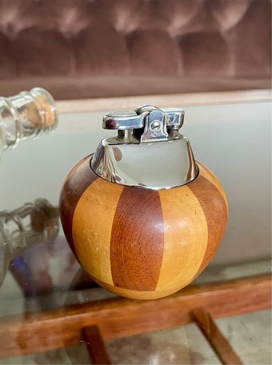 Ronson Carousel Vintage Table Lighter Mid Century Modern Wood Chrome England 1950s to 60s