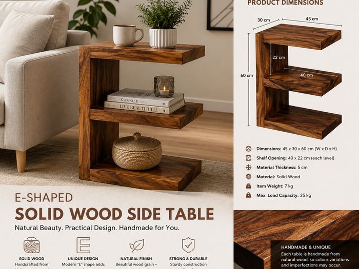 Solid Wood E-Shaped Side Table  Handmade Storage & Display Unit