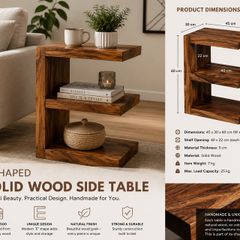Solid Wood E-Shaped Side Table  Handmade Storage & Display Unit