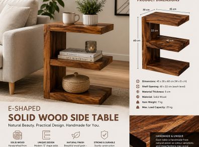 Solid Wood E-Shaped Side Table  Handmade Storage & Display Unit