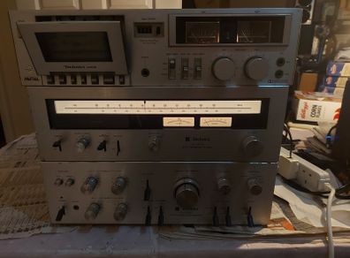 Technics FM-AM Stereo Tuner Model ST-3200, Technics Model No. RS-M205, Technics Stereo integrated Amplifier Model SU-3200, 3 parts of a Technics Music System, No phonograph or Speakers