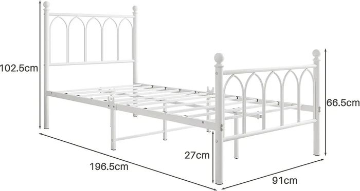 Single Metal Bed Frame 90 x x190 cm with Headboard and Footboard Heavy Duty Foundation,Metal Slat Support, White