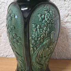Green embossed lidded vase / ginger jar (floral & bird)