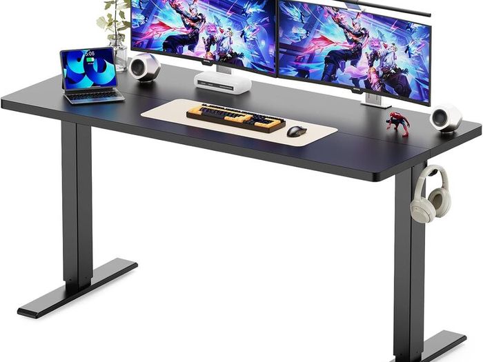 140 x 60 cm Standing Desk Electric Height Adjustable with 2 Hooks Computer 4 Memory Heights and Splice Board Ergonomic Sit Stand Table for Home Office Black