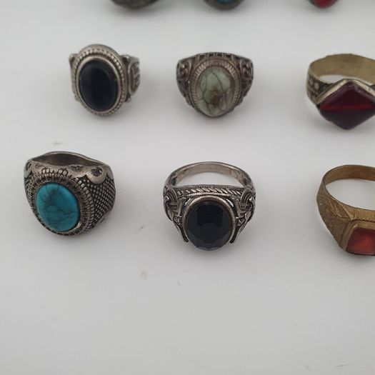 Antique Style Ring Collection 15 Mixed Brass, Glass & Stone Rings