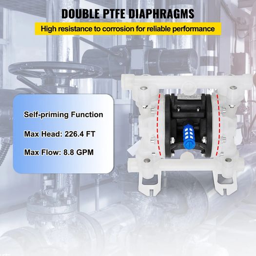 Air-operated Double Diaphragm Pump 7GPM 100PSI Polypropylene Diaphragm Water Pump with 1.3 cm Inlet & Outlet Ports Air Pump Diaphragm 6900.7 cm