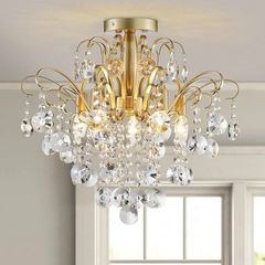Crystal Chandelier Flushmount Ceiling Light Modern Lighting Fixture for Bedroom Hallway Bar Kitchen Bathroom, H 45 x W 50, E14 Base, Gold