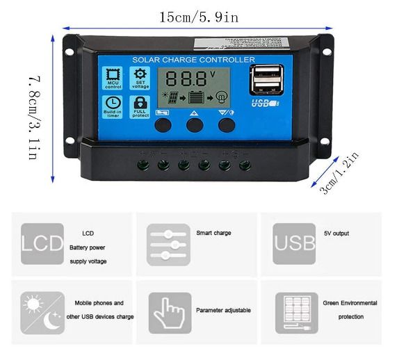 10A, 20A, 30A 12V/24V Solar Charge Controller Solar Panel Controller Intelligent Regulator with Dual USB Port 5V Light Timer Control LCD Display