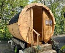 Wooden Barrel Sauna on Trailer