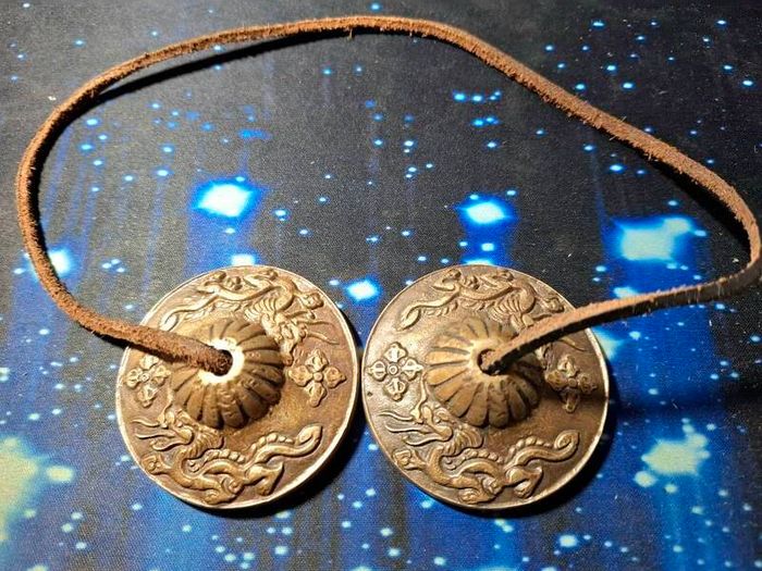 Tibetan Tingsha Bells Cymbals Dragons 5.5cm Leather Cord Use For Prosperity & Meditation